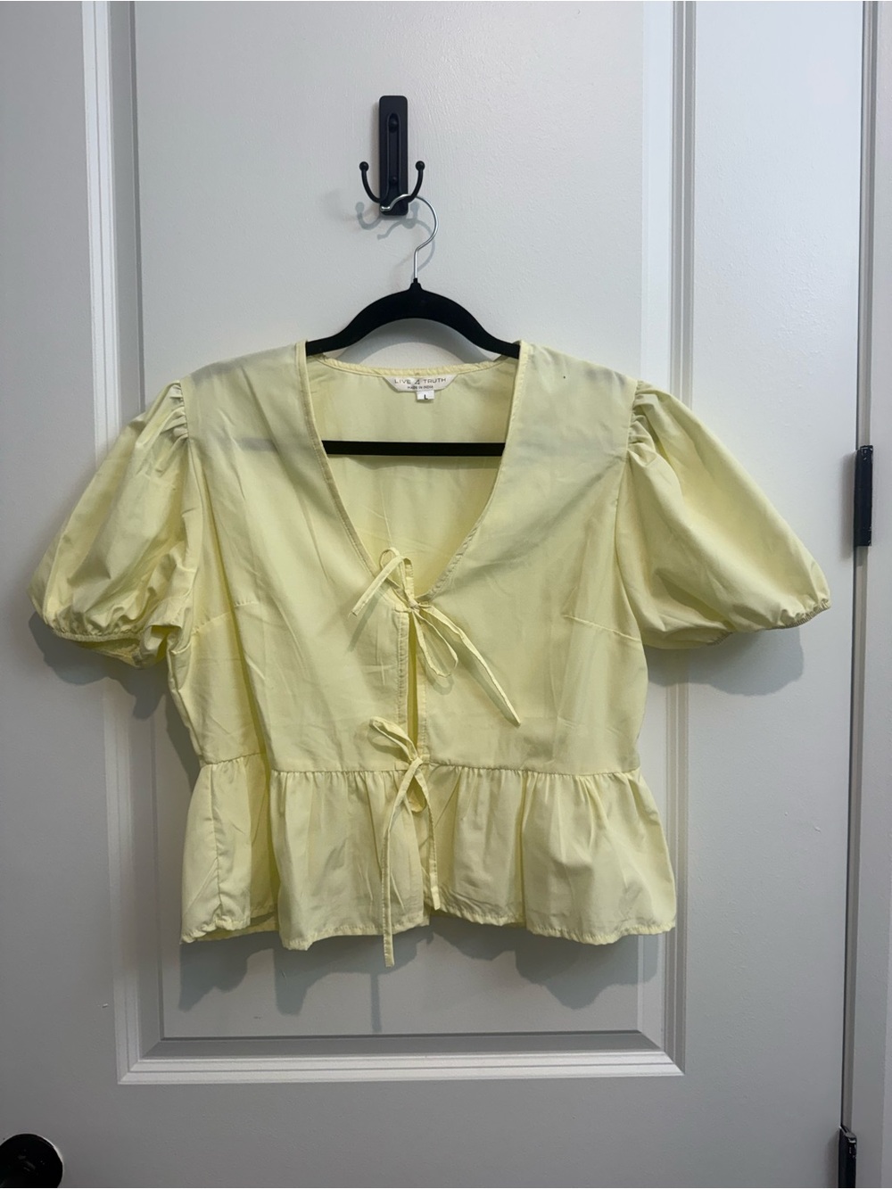 Live 4 Truth Pale Yellow Tie-Front Puff Sleeve Peplum Blouse